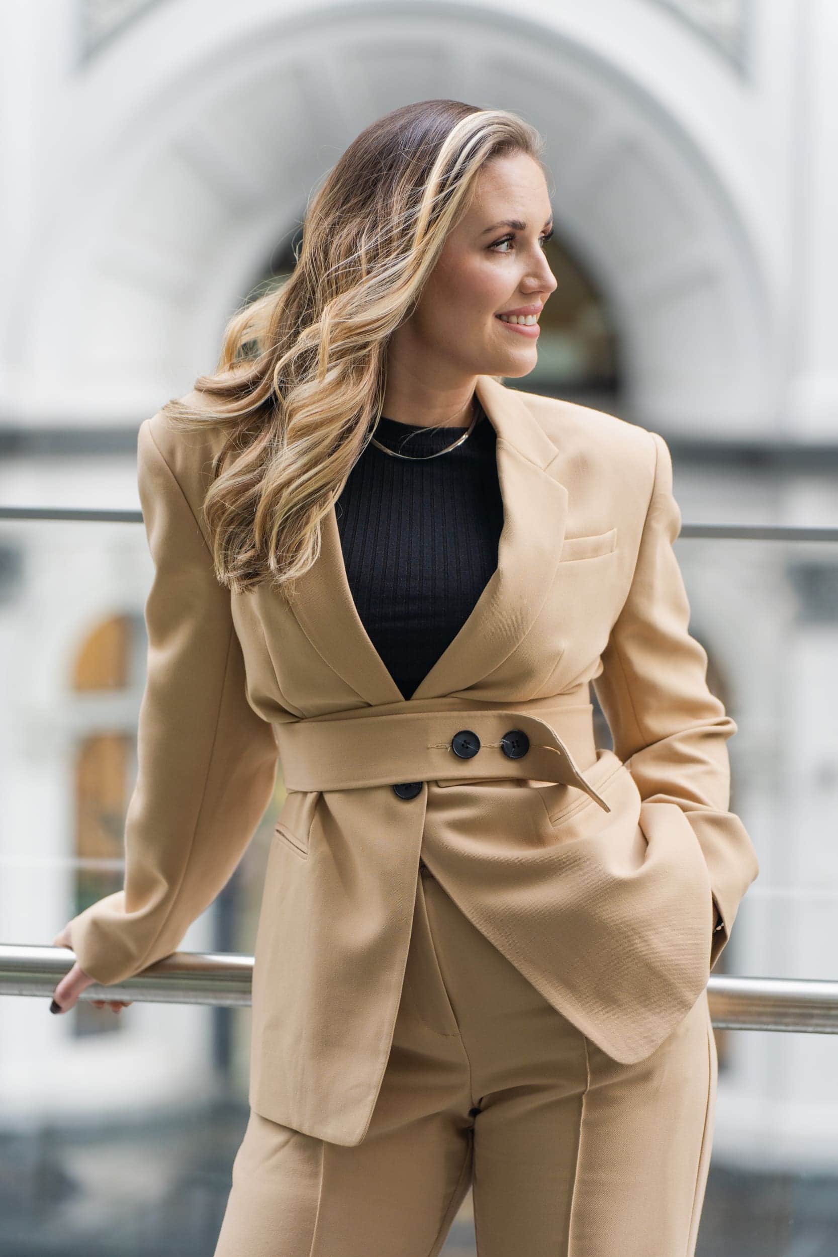 personal-photoshoot-Managing Director-Sydney-NSW Ext: Managing director wearing a fawn suite having her personal photoshoot with Branding photographer Georgie Greene in Sydney NSW