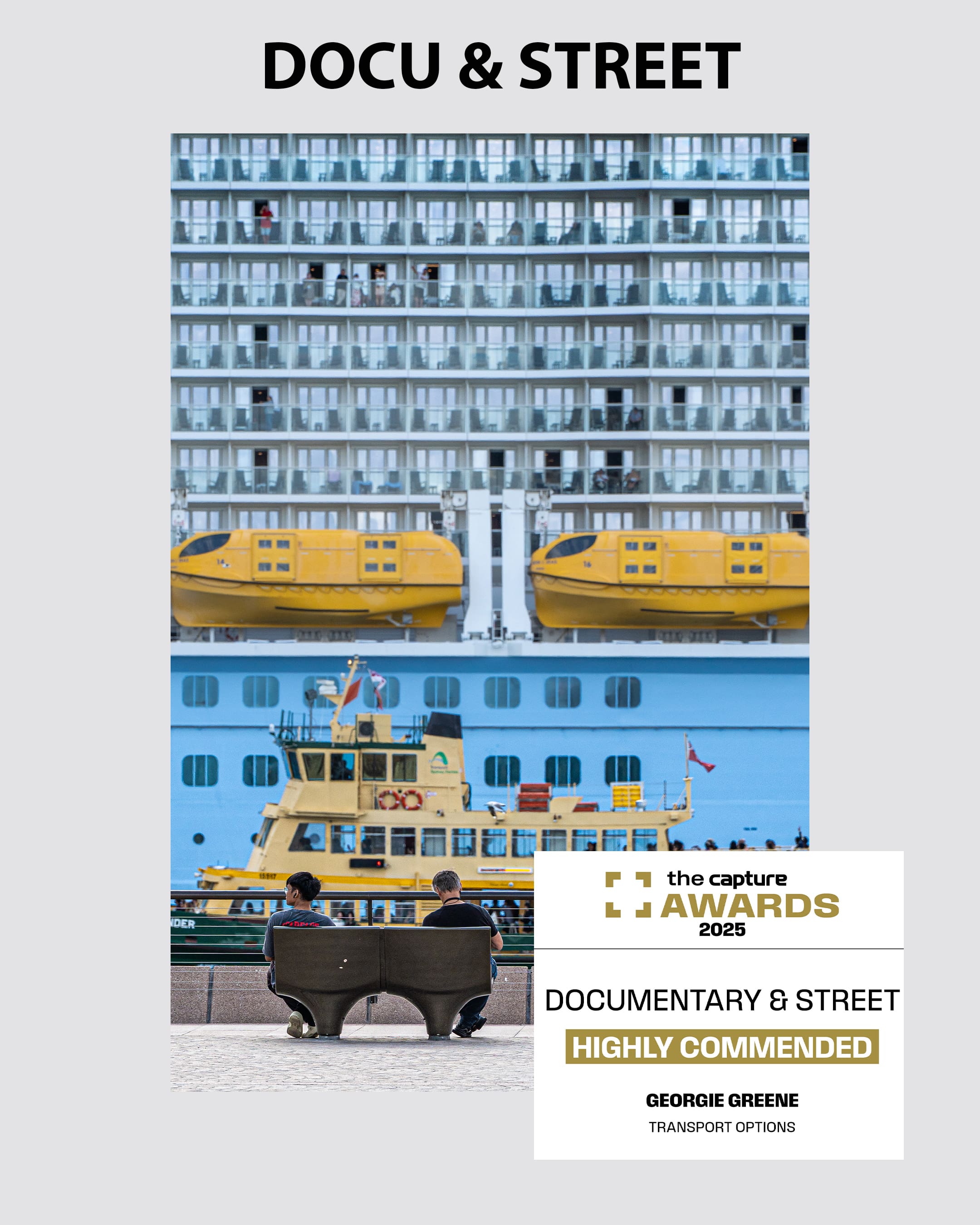 Capture-Mag-Street-Photography-Award-2025-Sydney-Australia Background is a cruise ship a Sydney ferry and two people sitting on a bench