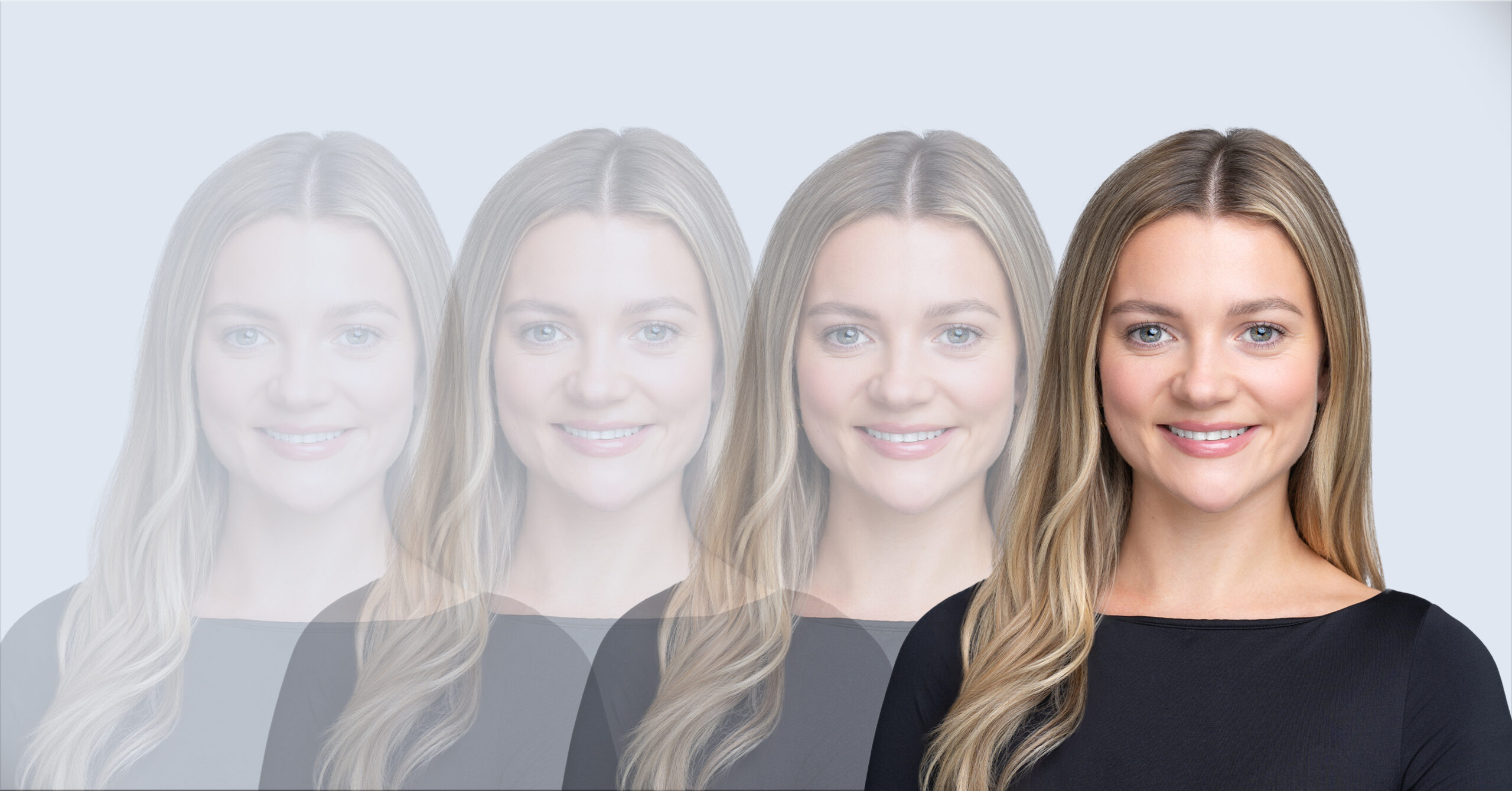 overlapping headshots of smiling blonde woman having her headshot taken by Sydney professional headshots photographer Georgie Greene