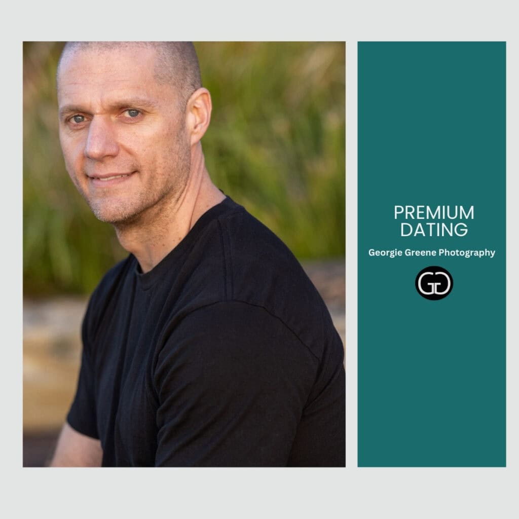 Portrait of a bald man in a black shirt; teal panel on the right reads 'PREMIUM DATING'.