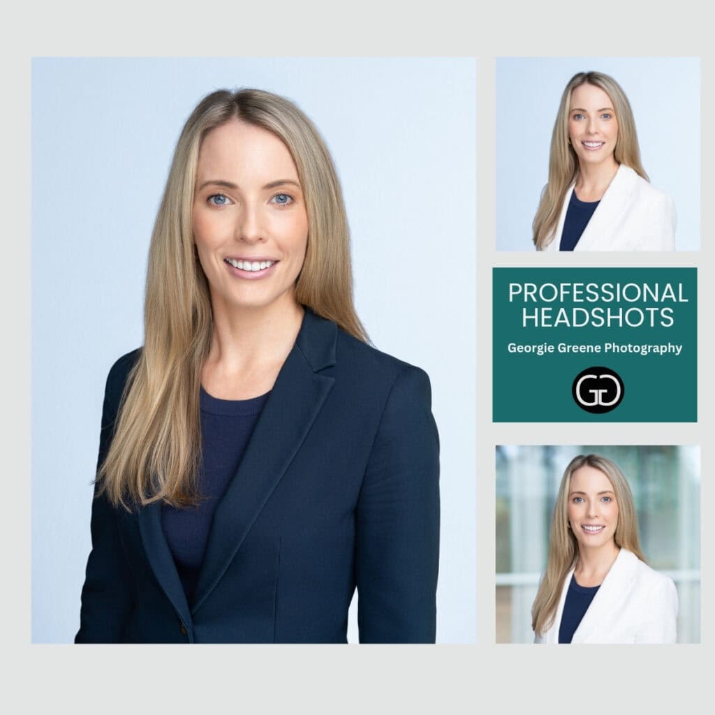 three professional headshots taken by Sydney photographer Georgie Greene of a young corporate manager wearing a blue suit and a white suite
