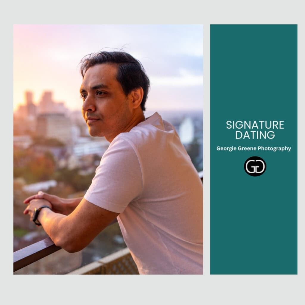 Portrait of an Indian man in a white t-shirt and looking at the sunset on a balcony, with a teal branding panel on the right reading 'Signature Dating' and 'Georgie Greene Photography'.